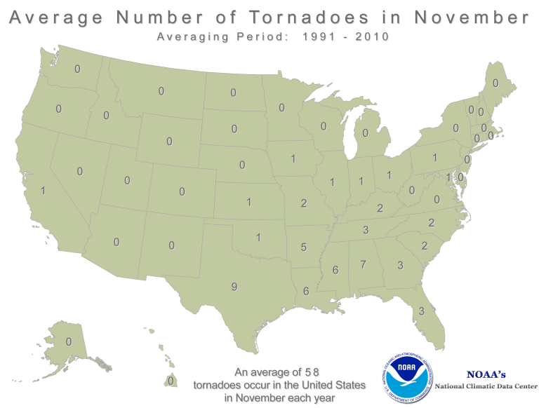 Average Number of Tornadoes by State for November